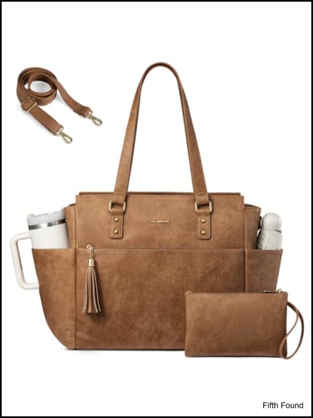 PU leather laptop tote for women, 15.6 inch work bag with cup holder